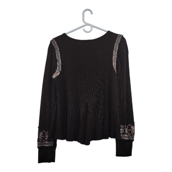 Free People Marion Black and Burgundy Embroidered Thermal Long Sleeve Top Large - Picture 2 of 7